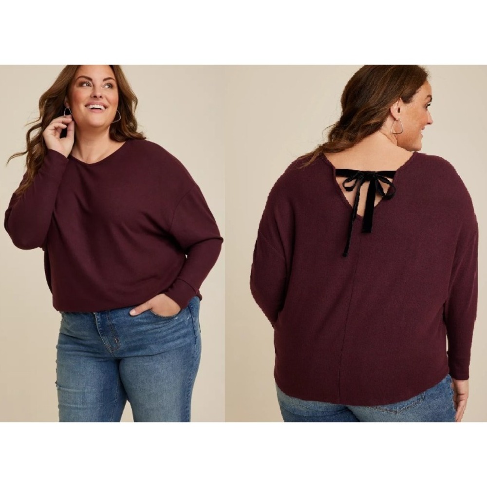 Maurices 1x Plus Size Bow Back Sweater Top Long Sleeve Maroon Red New